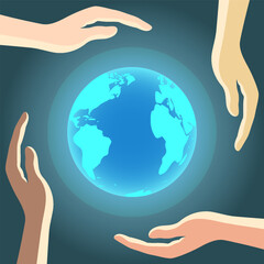 Earth Day on April 22 concept.Hands of people of different races protect the Earth atmosphere.