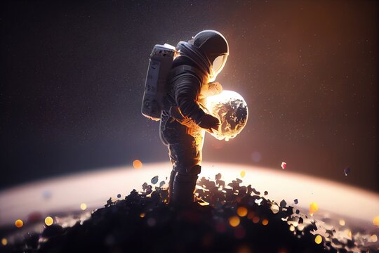 A man in a space suit holding a space ball in his hand and standing on a pile of rocks redshift render an ambient occlusion render space art