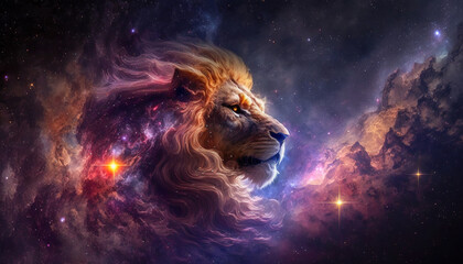 Astrology in Space, Leo Zodiac Sign in space with nebulas and stars, Generative AI - obrazy, fototapety, plakaty