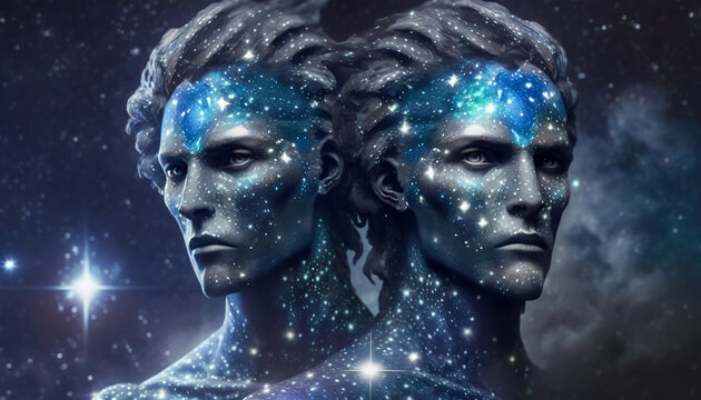 Astrology in Space, Gemini Twins Zodiac Sign in space with nebulas and stars, Generative AI