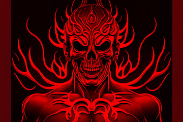 Track cover design in the style of tormented demons from hell on a red-dark background. Head of a bloody skull with bloody flames. Scary and bloodthirsty monster with a wide smile. 3d rendering