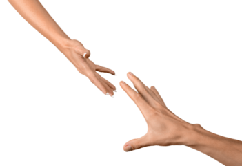 Hands of man and woman reaching to each other