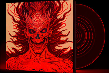 Track cover design in the style of tormented demons from hell. Bloodthirsty monster with blood on the cover of the disc. Art on vinyl. Skull with red flames. 3d illustration
