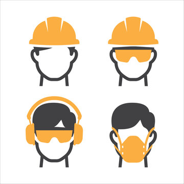 Construction Worker Icon Set. Safety Man Icon Set. Safety Helmet, Glasses, Ear Protection, Mask Icon. Vector Illustration