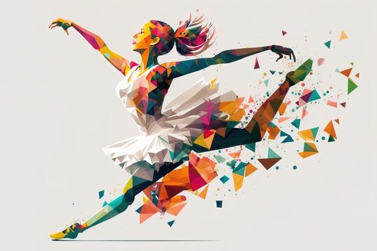 A woman is running with a colorful pattern on her body and head and body and she is wearing a white dress and has a colorful flat surreal design an ultrafine detailed painting arabesque