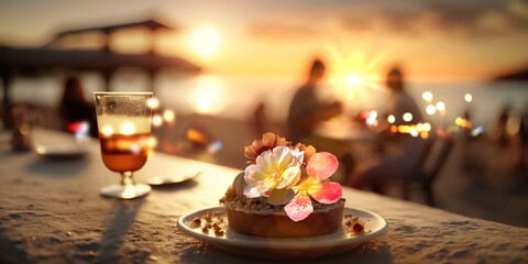 Obraz na płótnie Canvas romantic sunset beach caffee ,cup of coffee ,sweet cake and flowers on table ,romantic couple relaxing generated ai