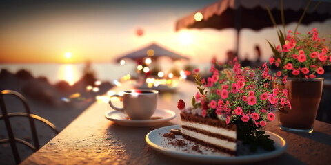 Naklejka na ściany i meble romantic sunset beach caffee ,cup of coffee ,sweet cake and flowers on table ,romantic couple relaxing generated ai
