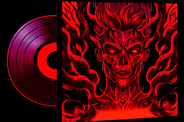 Track cover design in the style of tormented demons from hell. Bloodthirsty monster with blood on the cover of the disc. Art on vinyl. Skull with red flames. 3d illustration