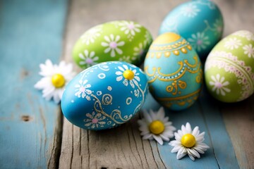 Obraz na płótnie Canvas Beautiful colorful easter eggs on blue wooden, background