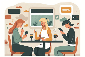 Girls friends spend time together in a cafe, chatting online, check social networks, send messages with smartphones, share bill, pay online. Flat cartoon illustration generative AI