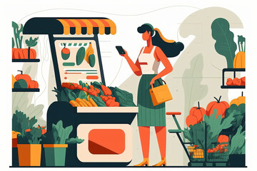 Woman using online app for shopping with cellphone, checking price and discount in grocery store, flat cartoon illustration generative AI