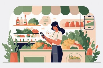 Happy woman with shopping list on smartphone buy fresh and healthy food from grocery store, flat cartoon illustration generative AI