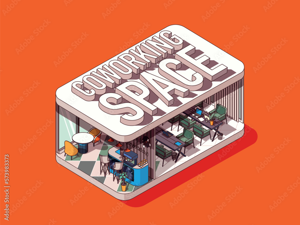 Aufkleber coworking space concept in 3d isometric graphic design. open office with tables and laptops for empl