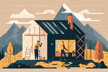 Workers build a new house in the mountains, install plastic windows, insulate the walls, flat cartoon illustration generative AI