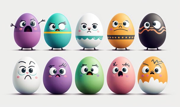  a group of eggs with different faces and expressions on them.  generative ai