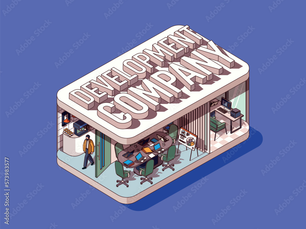 Poster development company concept in 3d isometric graphic design. programming and creating software in off