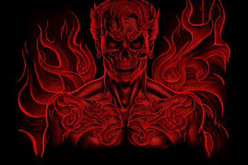 Track cover design in the style of tormented demons from hell on a red-dark background. Head of a bloody skull with bloody flames. Scary and bloodthirsty monster with a wide smile. 3d rendering