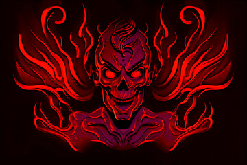 Track cover design in the style of tormented demons from hell on a red-dark background. Head of a bloody skull with bloody flames. Scary and bloodthirsty monster with a wide smile. 3d rendering