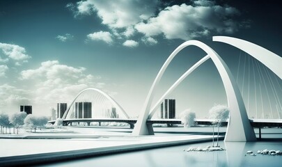 Fototapeta na wymiar a bridge over a body of water with a city in the background. generative ai