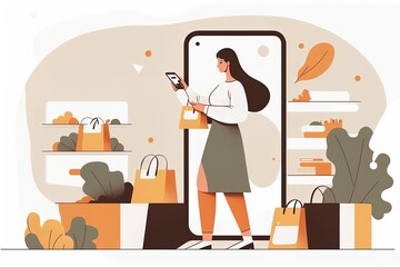 Girl shopping online using her mobile app on her smartphone. Woman buy items on website, choose free shipping and fast delivery service, flat cartoon illustration generative AI