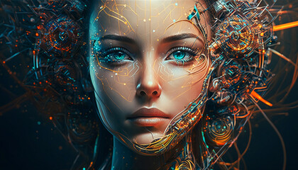 An abstract digital female face with a network of big data connections in the background. Ideal for technology, science fiction, and AI-related projects. AI generated