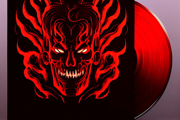 Track cover design in the style of tormented demons from hell. Bloodthirsty monster with blood on the cover of the disc. Art on vinyl. Skull with red flames. 3d illustration