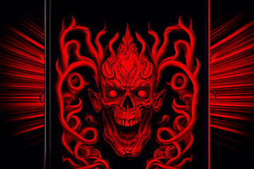 Track cover design in the style of tormented demons from hell. Bloodthirsty monster with blood on the cover of the book. Art with a skull with red flames on a dark background. 3d illustration