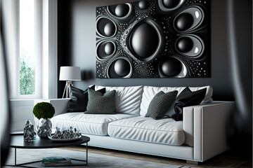 closeup of modern living room with sofa in black
