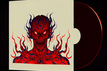 Track cover design in the style of tormented demons from hell. Bloodthirsty monster with blood on the cover of the disc. Art on vinyl. Skull with red flames. 3d illustration
