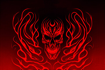 Track cover design in the style of tormented demons from hell on a red-dark background. Head of a bloody skull with bloody flames. Scary and bloodthirsty monster with a wide smile. 3d rendering
