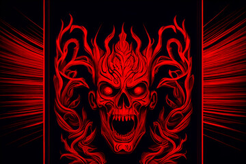 Track cover design in the style of tormented demons from hell. Bloodthirsty monster with blood on the cover of the book. Art with a skull with red flames on a dark background. 3d illustration
