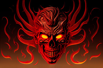 Track cover design in the style of tormented demons from hell on a red-dark background. Head of a bloody skull with bloody flames. Scary and bloodthirsty monster with a wide smile. 3d rendering