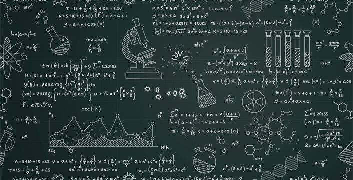 Seamless chemical and biological formulas on chalkboard.