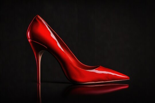  a red high heeled shoe on a black surface with a reflection.  generative ai