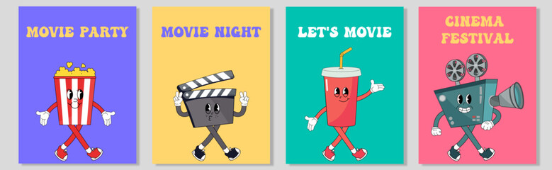 Groovy Popcorn, soda drink, slate board, retro camera. Cute cartoon characters with hands, legs, eyes. Cinema, movie theater, cinematography, movie watching concept. Hand drawn Vector illustration