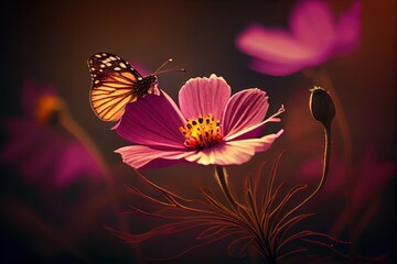 Beautiful Butterfly on Pink Flowers Background . Created with Generative AI Technology