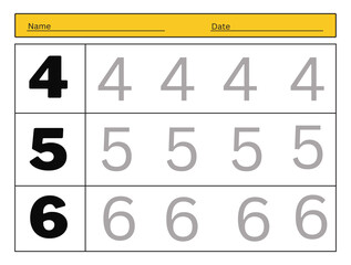 The practice of writing numbers 4, 5, 6. Tracking worksheet count and write
