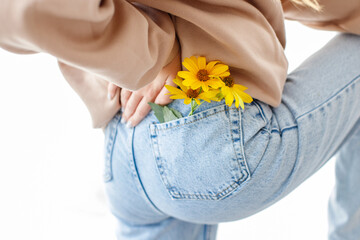 Denim Pocket Blooms. Bright Spring Background
