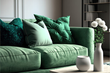 loseup of modern living room with sofa in green