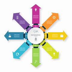 Infographic circle with 8 arrows directed from the center . 8-step colorful vector template for business infographics.
