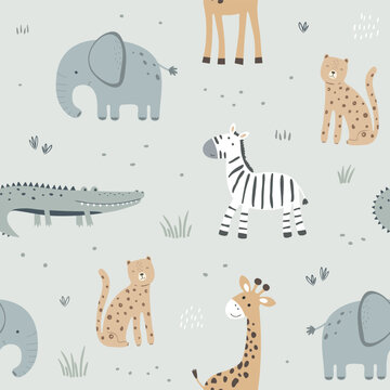 Seamless pattern with cute african animals. Elephant, leopard, giraffe, zebra and crocodile. Vector illustration in flat style.