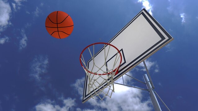one basketball ball hits the basketball net on the sky background 3D render