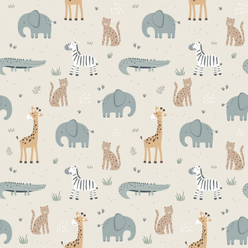 Seamless pattern with cute african animals. Elephant, leopard, giraffe, zebra and crocodile. Vector illustration in flat style.