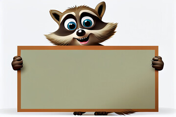 Fototapeta na wymiar Cartoon raccoon character holding a blank sign, sheet of paper for text.