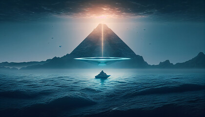 Close Encounter: Fisherman Observes Mysterious Triangle UFO Above the Serene Blue Sea. Generative Ai