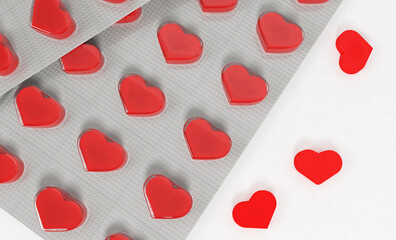 blister with heart shaped pills on white background 3D render