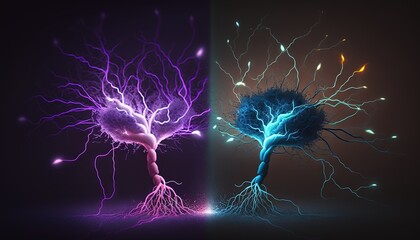  two images of a tree with purple and blue leaves, one of which has a purple and blue tree with green leaves.  generative ai