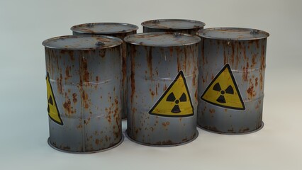 Rusty old gray iron barrels with a radiation hazard sign on a white background 3D render