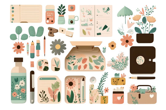 Illustration, knolling office items sheet in watercolor style with Generative AI technology.