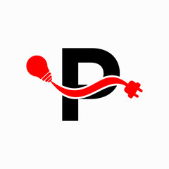 Letter P Electricity or Electrical Logo Concept with Electric Plug and Bulb Icon
